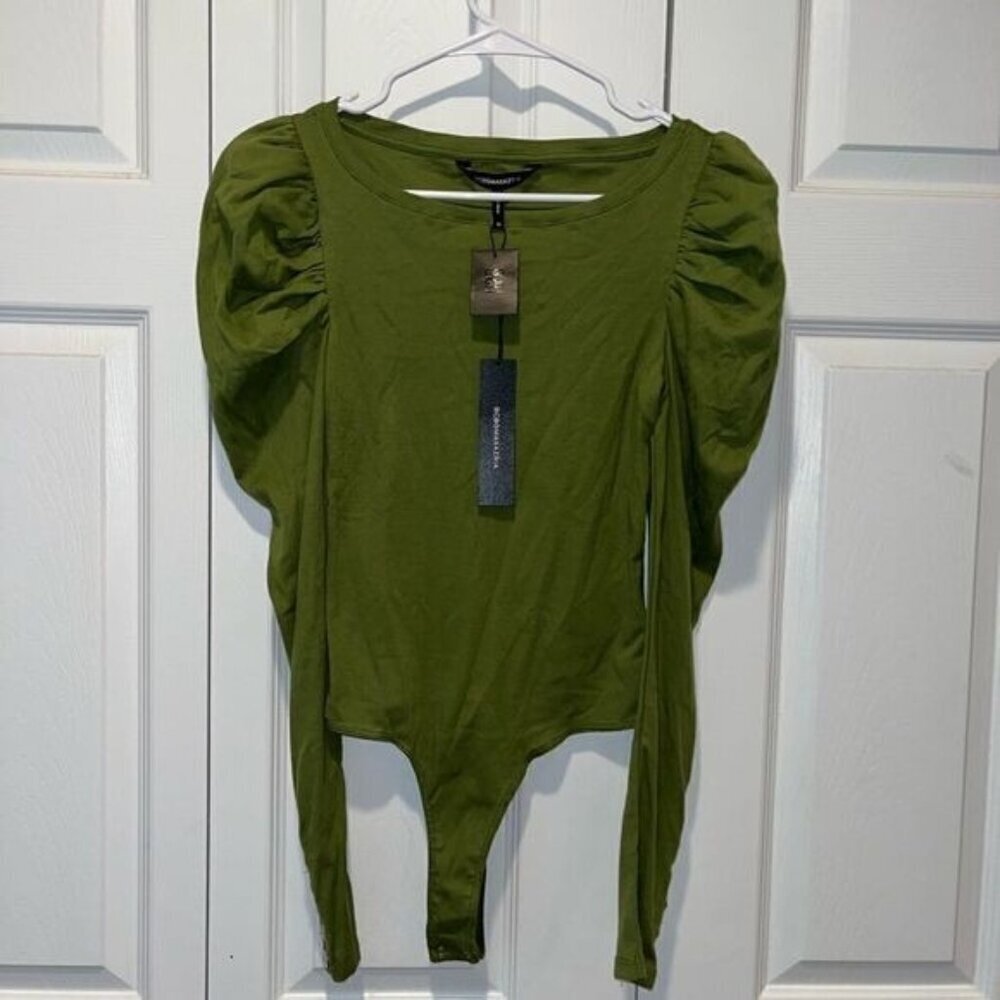 NWT BCBGMAXAZRIA Strong Shoulder Bodysuit with buttons olive color size XS
